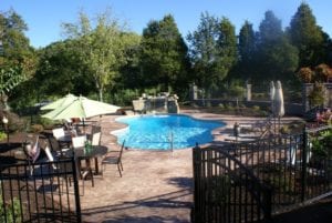 irregularly shaped backyard swimming pool